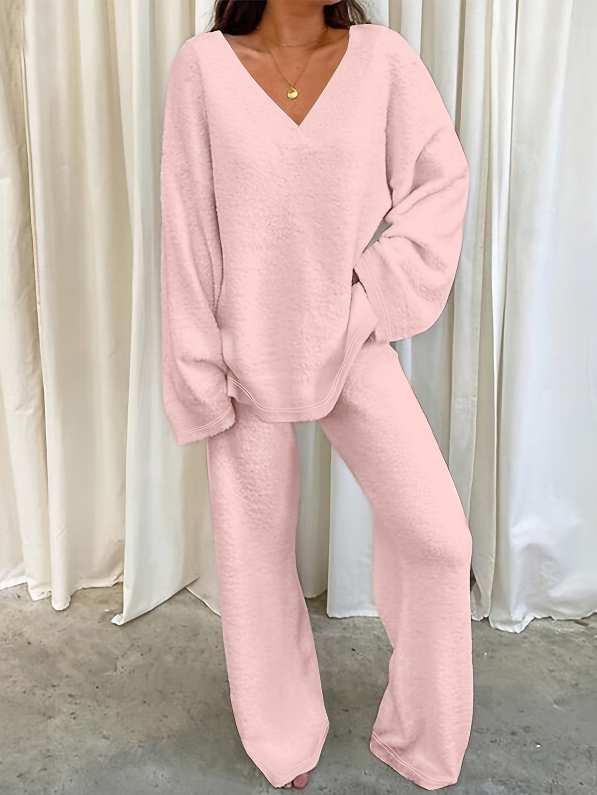 Lounge Set Fleece Women's V-Neck Top Wide-Leg Trousers Purple – Casual, Loungewear, Home Comfort, Gift