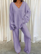 Lounge Set Fleece Women's V-Neck Top Wide-Leg Trousers Purple – Casual, Loungewear, Home Comfort, Gift