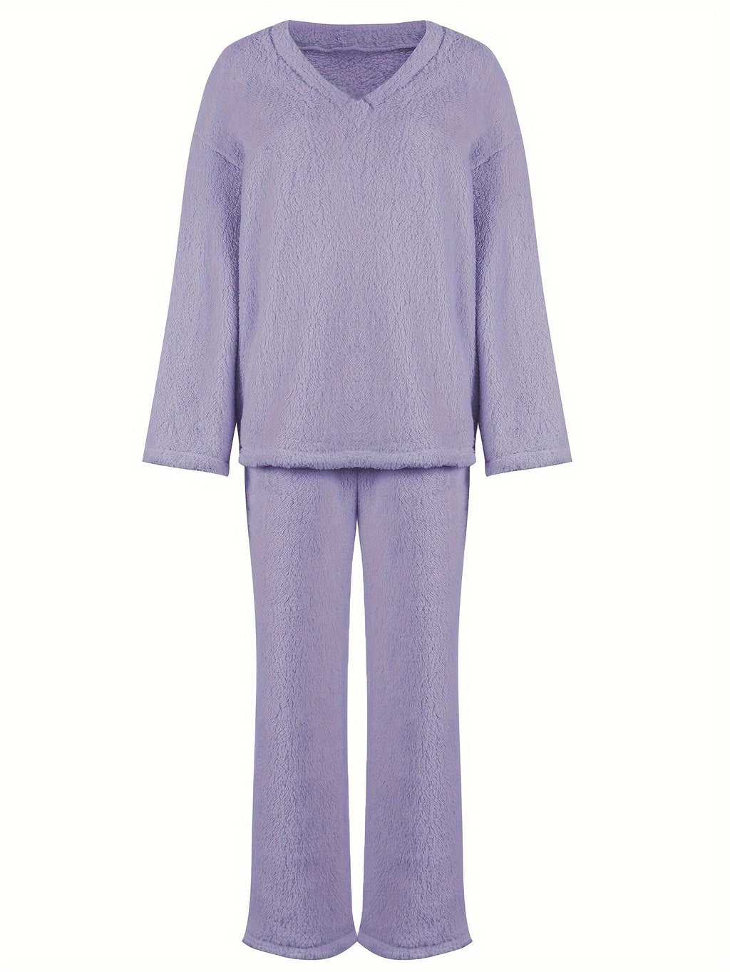 Lounge Set Fleece Women's V-Neck Top Wide-Leg Trousers Purple – Casual, Loungewear, Home Comfort, Gift
