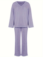 Lounge Set Fleece Women's V-Neck Top Wide-Leg Trousers Purple – Casual, Loungewear, Home Comfort, Gift