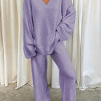 Lounge Set Fleece Women's V-Neck Top Wide-Leg Trousers Purple – Casual, Loungewear, Home Comfort, Gift