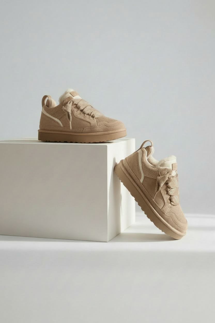 Low-Top Sneakers Beige Suede Shearling-Lined Women's Wide Fit Platform – Casual, Winter