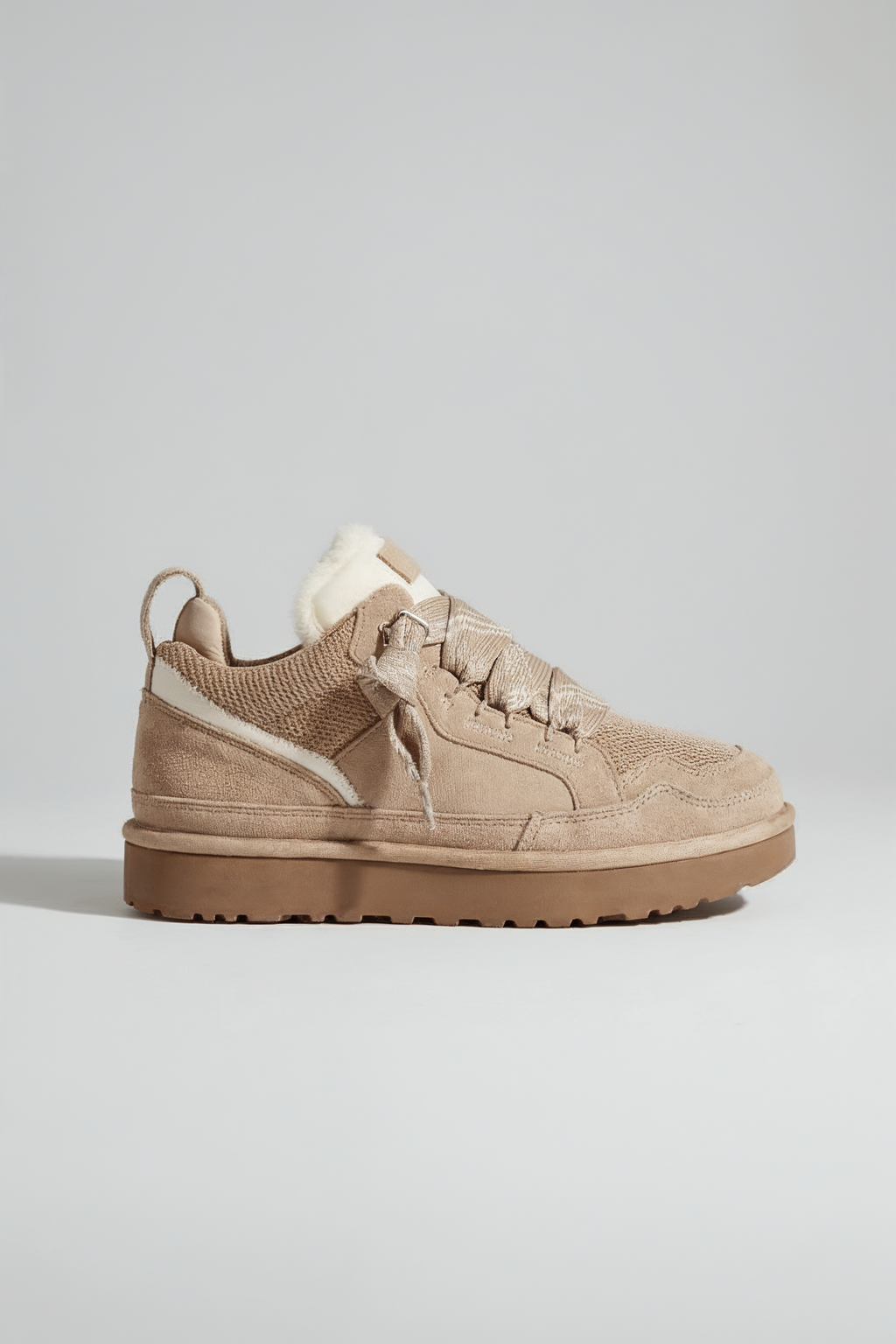 Low-Top Sneakers Beige Suede Shearling-Lined Women's Wide Fit Platform – Casual, Winter