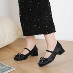 Mary Jane Block Heel Shoes Brown Women's Bow Buckle Strap – Office, Holiday, Gift
