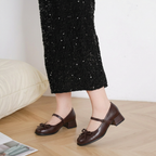 Mary Jane Block Heel Shoes Brown Women's Bow Buckle Strap – Office, Holiday, Gift