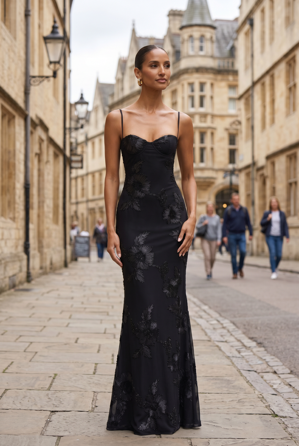 Maxi Dress Black Floral Embroidered Corset Women's – Wedding Guest, Evening, Formal, Occasion Gift