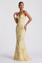 Maxi Dress Black Floral Embroidered Corset Women's – Wedding Guest, Evening, Formal, Occasion Gift