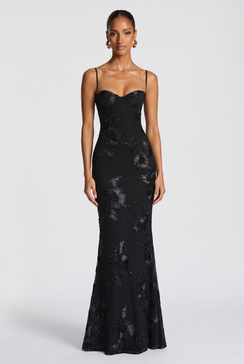 Maxi Dress Black Floral Embroidered Corset Women's – Wedding Guest, Evening, Formal, Occasion Gift