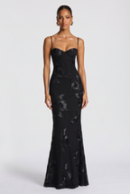 Maxi Dress Black Floral Embroidered Corset Women's – Wedding Guest, Evening, Formal, Occasion Gift
