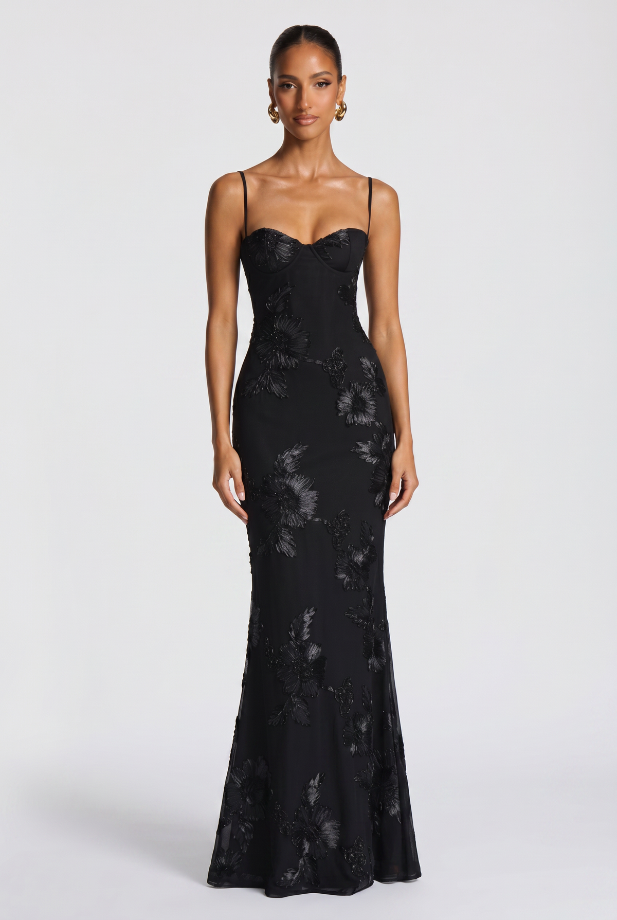 Maxi Dress Black Floral Embroidered Corset Women's – Wedding Guest, Evening, Formal, Occasion Gift