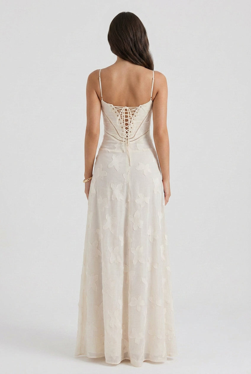Maxi Dress Butterfly Textured Cream Women's – Wedding Guest, Summer, Holiday, Gift