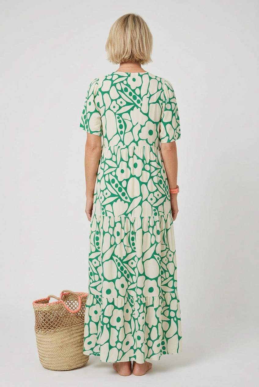 Maxi Dress Green Cream Floral Print V-Neck Women's Tiered – Holiday, Casual Summer