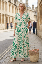Maxi Dress Green Cream Floral Print V-Neck Women's Tiered – Holiday, Casual Summer