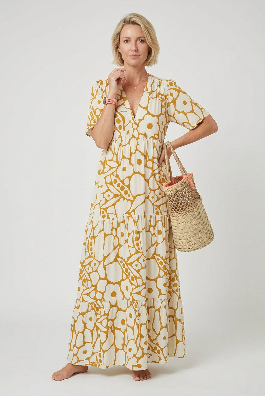 Maxi Dress Green Cream Floral Print V-Neck Women's Tiered – Holiday, Casual Summer