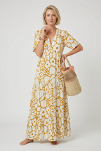 Maxi Dress Green Cream Floral Print V-Neck Women's Tiered – Holiday, Casual Summer