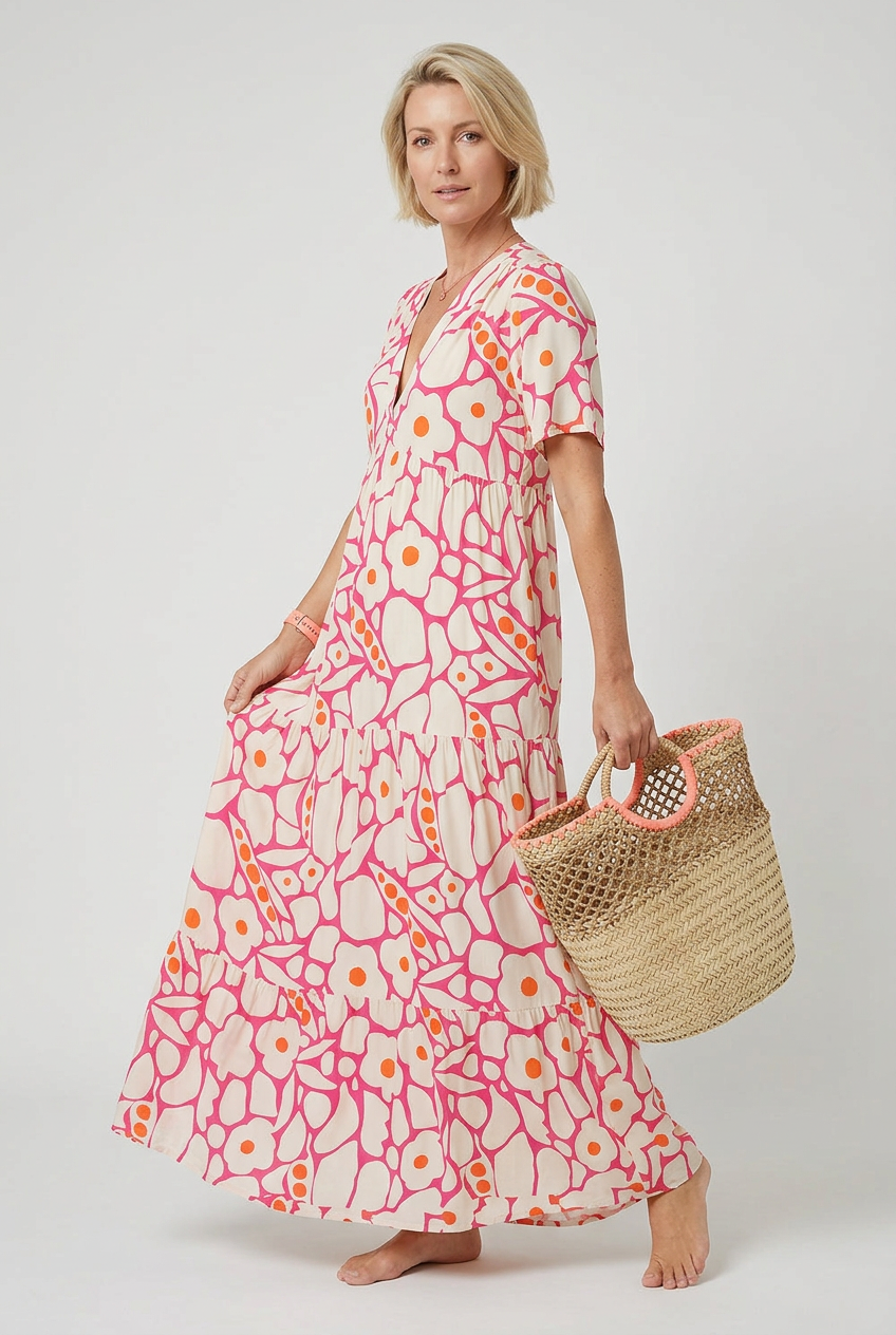 Maxi Dress Green Cream Floral Print V-Neck Women's Tiered – Holiday, Casual Summer