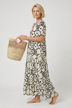 Maxi Dress Green Cream Floral Print V-Neck Women's Tiered – Holiday, Casual Summer