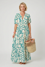 Maxi Dress Green Cream Floral Print V-Neck Women's Tiered – Holiday, Casual Summer