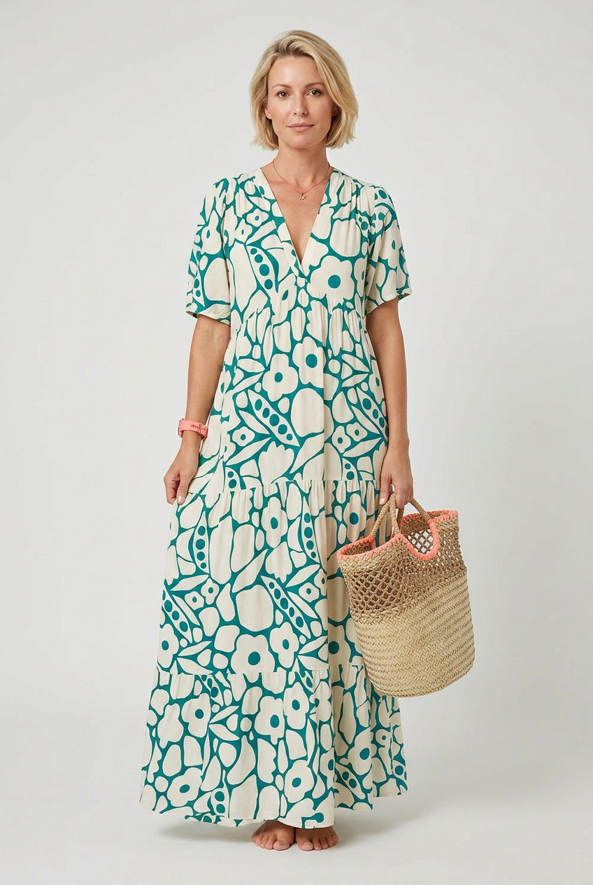 Maxi Dress Green Cream Floral Print V-Neck Women's Tiered – Holiday, Casual Summer