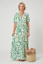 Maxi Dress Green Cream Floral Print V-Neck Women's Tiered – Holiday, Casual Summer