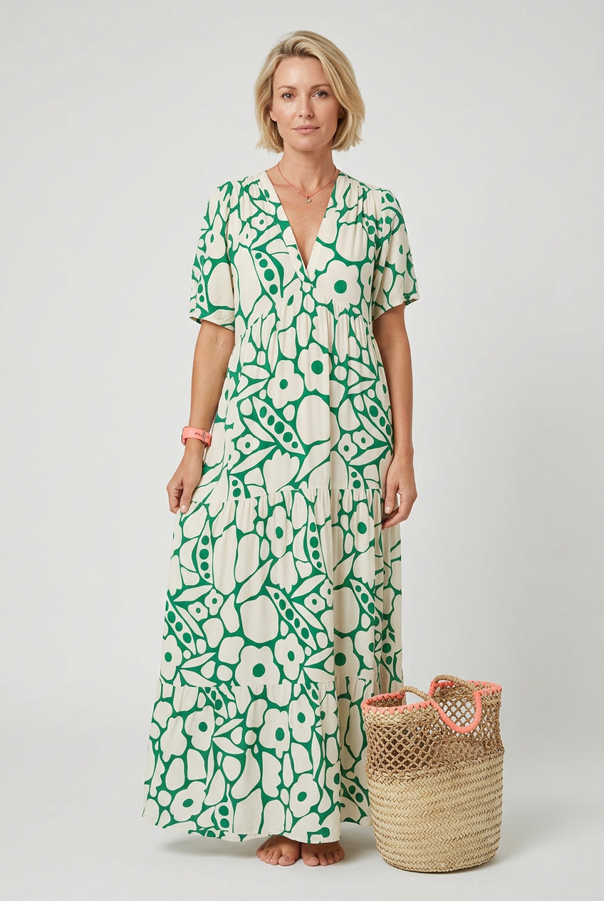 Maxi Dress Green Cream Floral Print V-Neck Women's Tiered – Holiday, Casual Summer