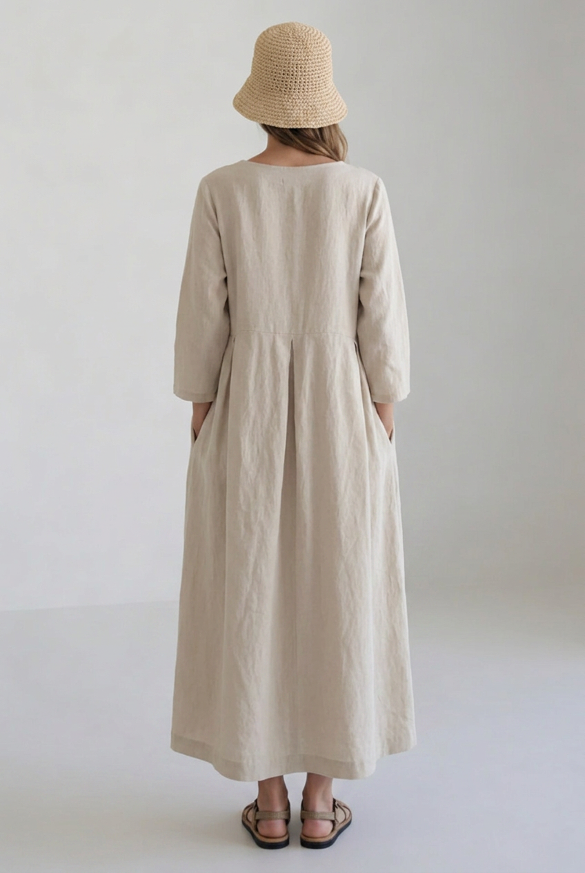 Maxi Dress Linen Beige Women's Long Sleeve Pleated – Casual, Holiday · Werune