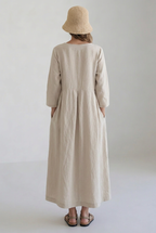 Maxi Dress Linen Beige Women's Long Sleeve Pleated – Casual, Holiday · Werune