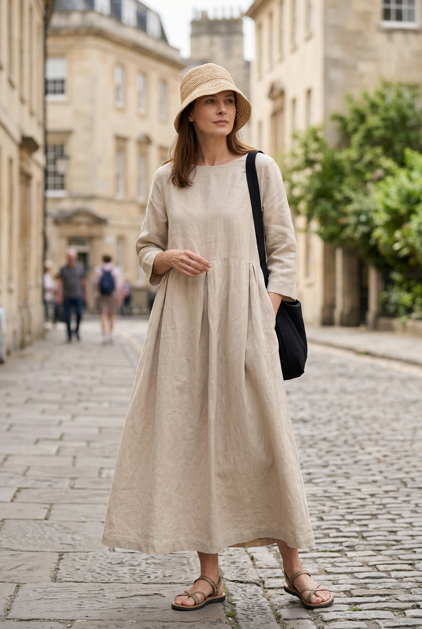 Maxi Dress Linen Beige Women's Long Sleeve Pleated – Casual, Holiday · Werune