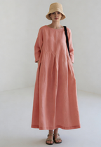 Maxi Dress Linen Beige Women's Long Sleeve Pleated – Casual, Holiday · Werune