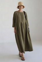 Maxi Dress Linen Beige Women's Long Sleeve Pleated – Casual, Holiday · Werune