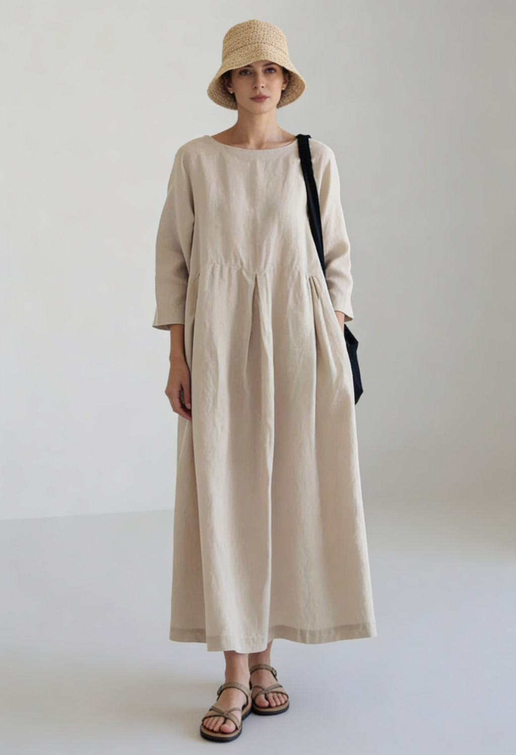 Maxi Dress Linen Beige Women's Long Sleeve Pleated – Casual, Holiday · Werune