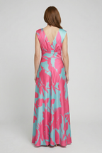Maxi Dress Satin Floral Print Women's V-Neck Pink Blue – Wedding Guest, Occasion, Evening