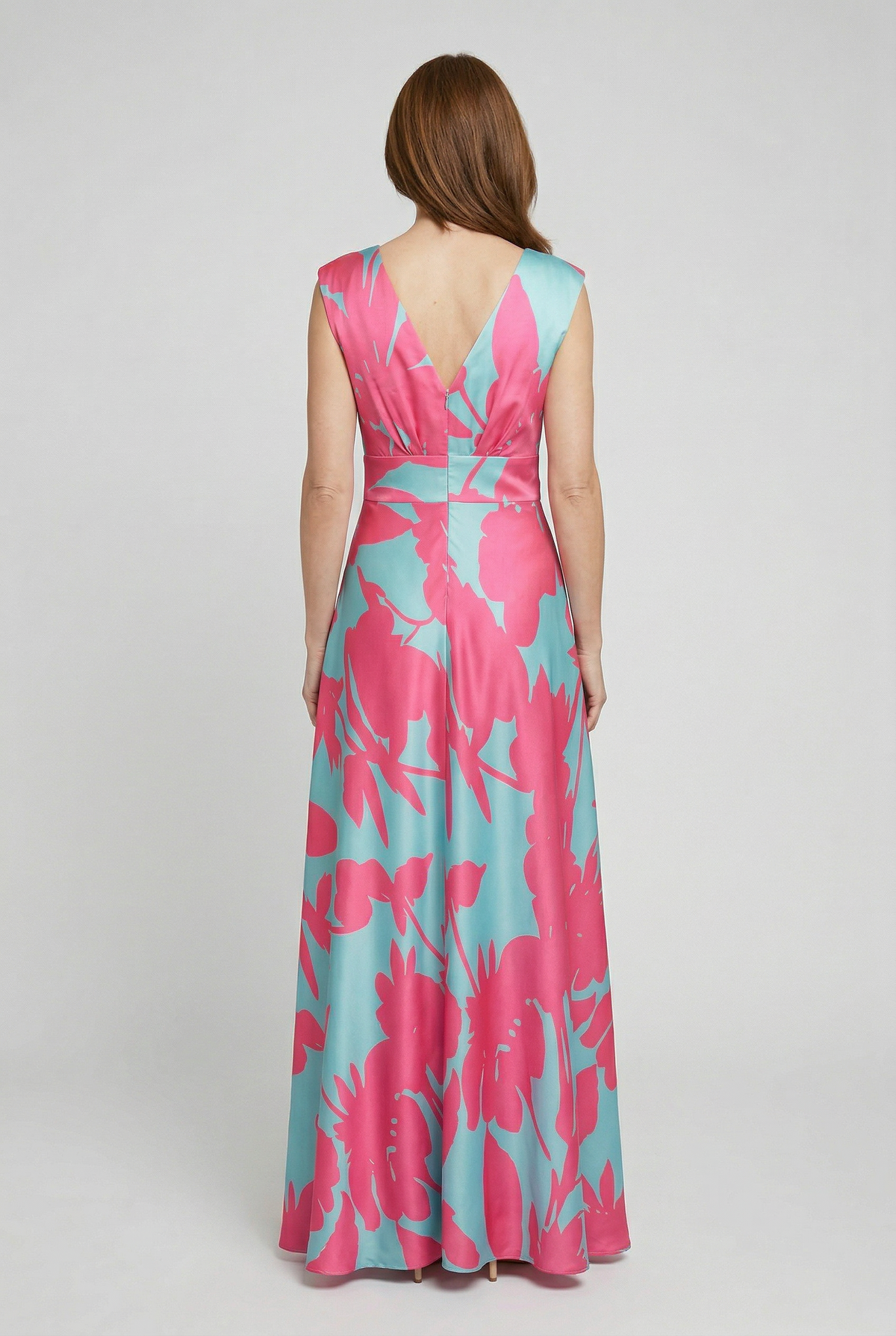 Maxi Dress Satin Floral Print Women's V-Neck Pink Blue – Wedding Guest, Occasion, Evening