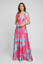 Maxi Dress Satin Floral Print Women's V-Neck Pink Blue – Wedding Guest, Occasion, Evening