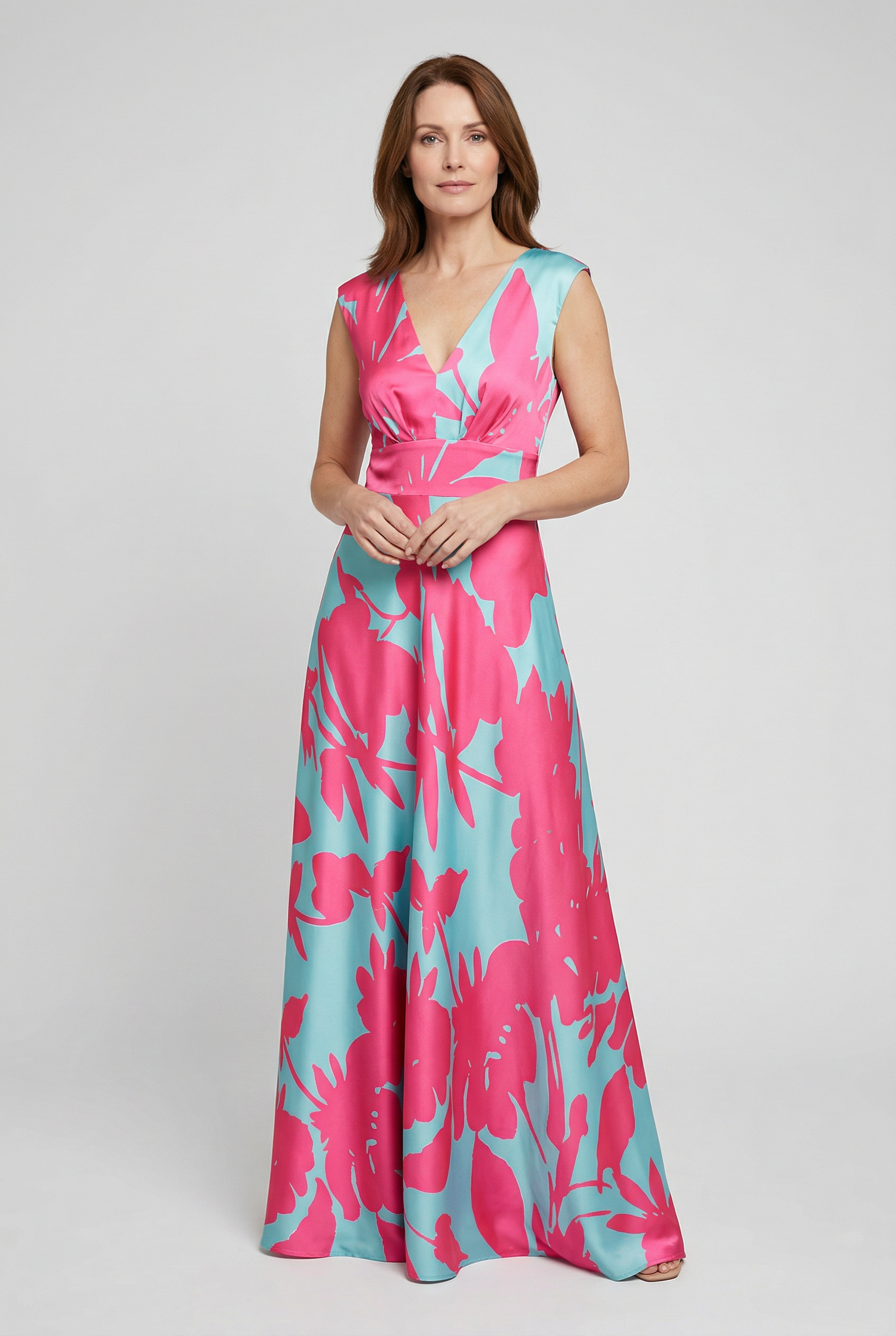 Maxi Dress Satin Floral Print Women's V-Neck Pink Blue – Wedding Guest, Occasion, Evening