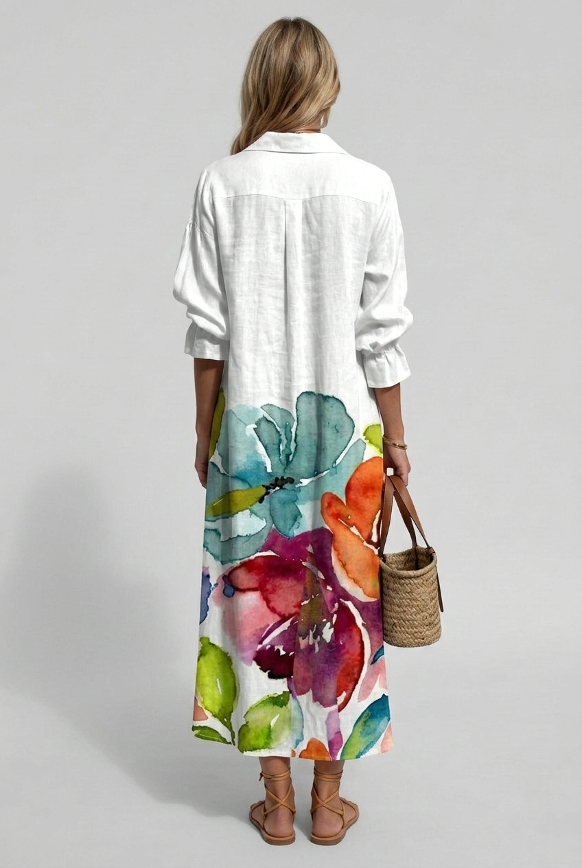 Maxi Shirt Dress White Watercolour Floral Women's Long Sleeve – Casual, Holiday, Summer Beach