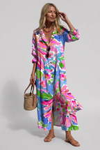 Maxi Shirt Dress White Watercolour Floral Women's Long Sleeve – Casual, Holiday, Summer Beach