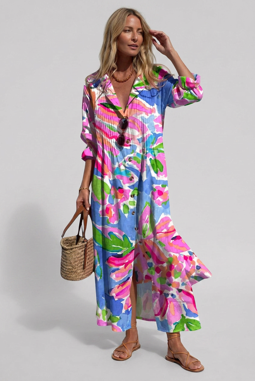 Maxi Shirt Dress White Watercolour Floral Women's Long Sleeve – Casual, Holiday, Summer Beach