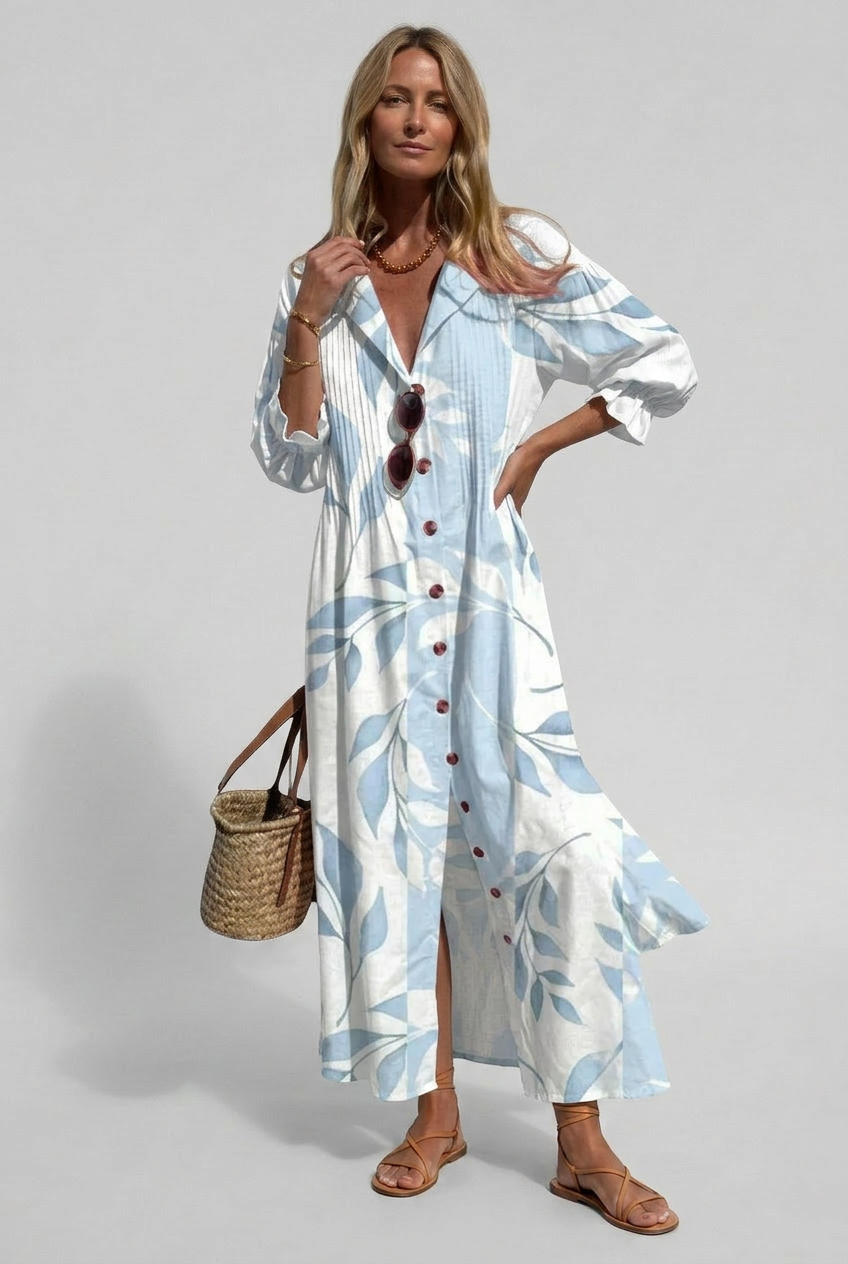 Maxi Shirt Dress White Watercolour Floral Women's Long Sleeve – Casual, Holiday, Summer Beach