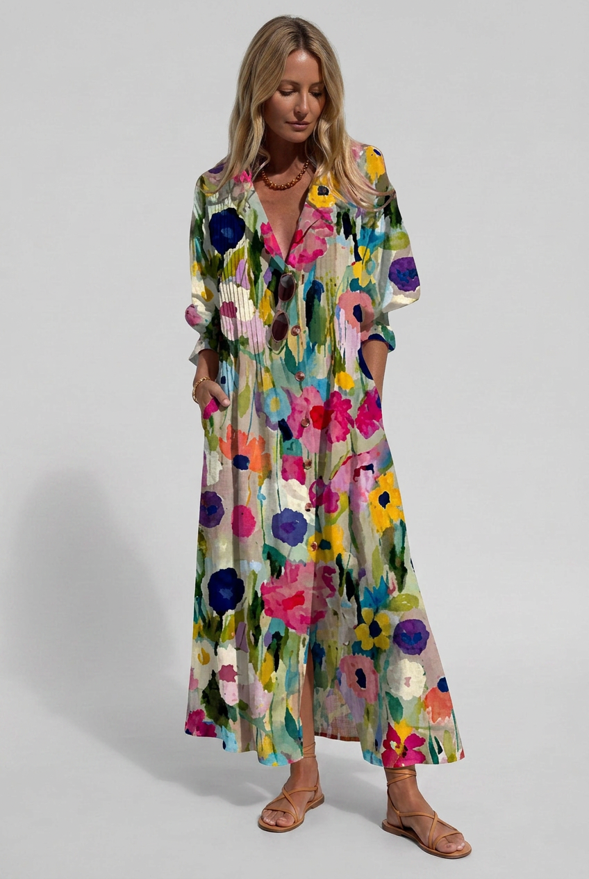 Maxi Shirt Dress White Watercolour Floral Women's Long Sleeve – Casual, Holiday, Summer Beach