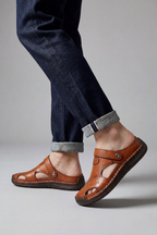 Men's Closed Toe Sandals Leather Look Tan Slip-On Mules – Casual, Summer, Everyday Comfort