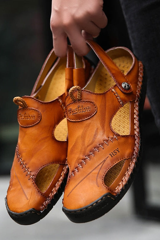Men's Closed Toe Sandals Leather Look Tan Slip-On Mules – Casual, Summer, Everyday Comfort