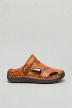 Men's Closed Toe Sandals Leather Look Tan Slip-On Mules – Casual, Summer, Everyday Comfort