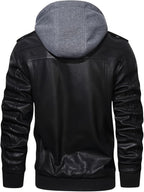 Men's Faux Leather Jacket Black Removable Hood Zip-Up Moto Bomber – Casual, Winter Everyday Wear