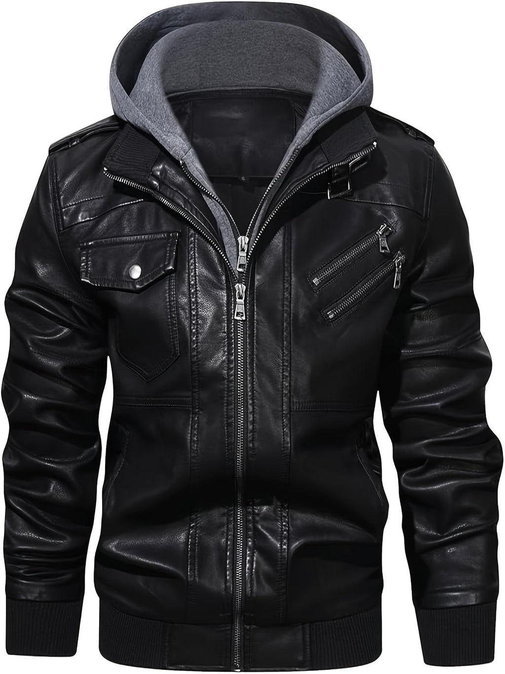 Men's Faux Leather Jacket Black Removable Hood Zip-Up Moto Bomber – Casual, Winter Everyday Wear
