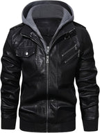 Men's Faux Leather Jacket Black Removable Hood Zip-Up Moto Bomber – Casual, Winter Everyday Wear