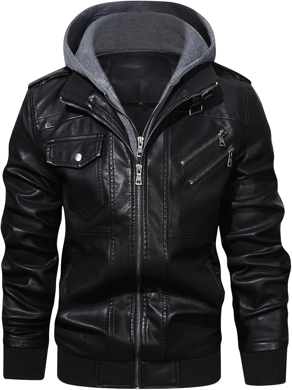 Men's Faux Leather Jacket Black Removable Hood Zip-Up Moto Bomber – Casual, Winter Everyday Wear