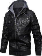 Men's Faux Leather Jacket Black Removable Hood Zip-Up Moto Bomber – Casual, Winter Everyday Wear