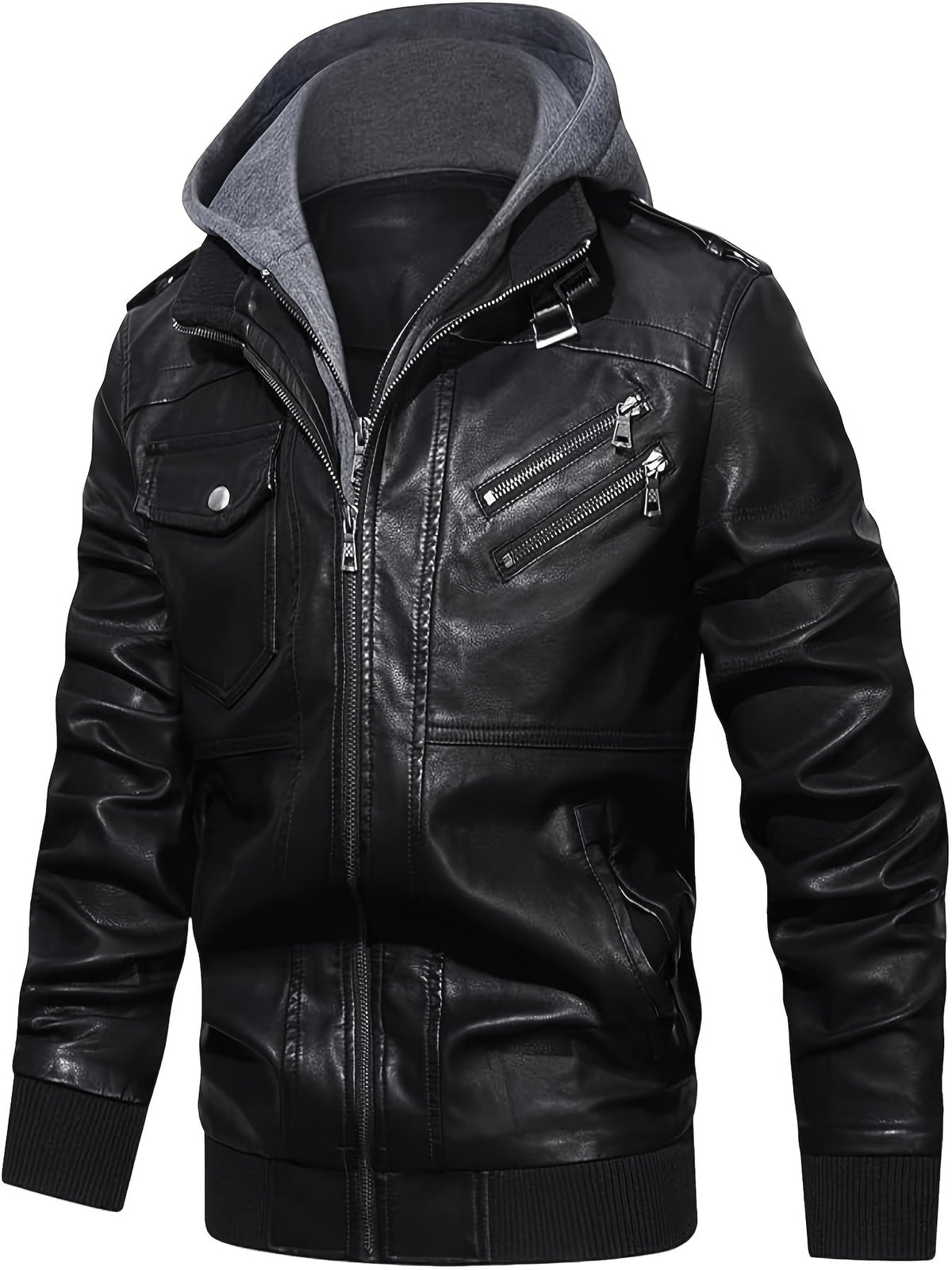 Men's Faux Leather Jacket Black Removable Hood Zip-Up Moto Bomber – Casual, Winter Everyday Wear