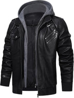 Men's Faux Leather Jacket Black Removable Hood Zip-Up Moto Bomber – Casual, Winter Everyday Wear